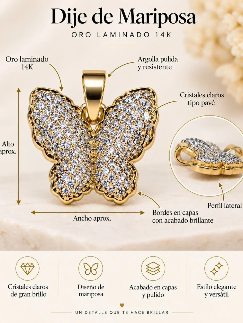 15k. Laminated Gold Butterfly Pendant Necklace - Sparkling Crystal Accent